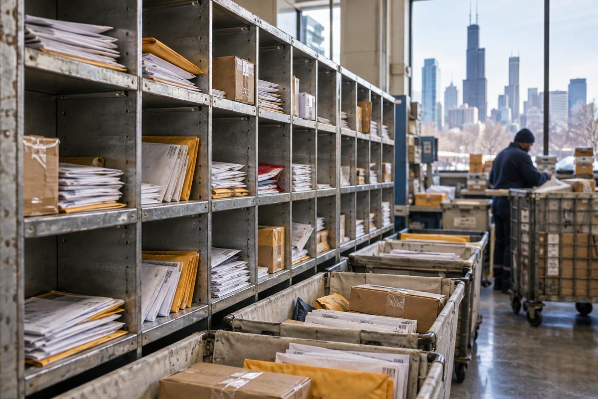 Mail sorting cubbies and parcel bins at the South Michigan Avenue postal forwarding desk.